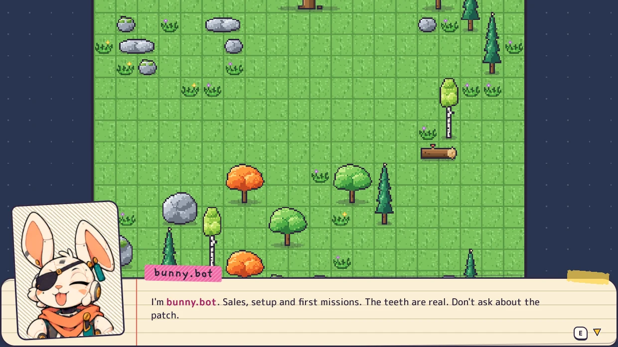 bunny.bot introducing itself in a paper dialogue box over the farm grid.